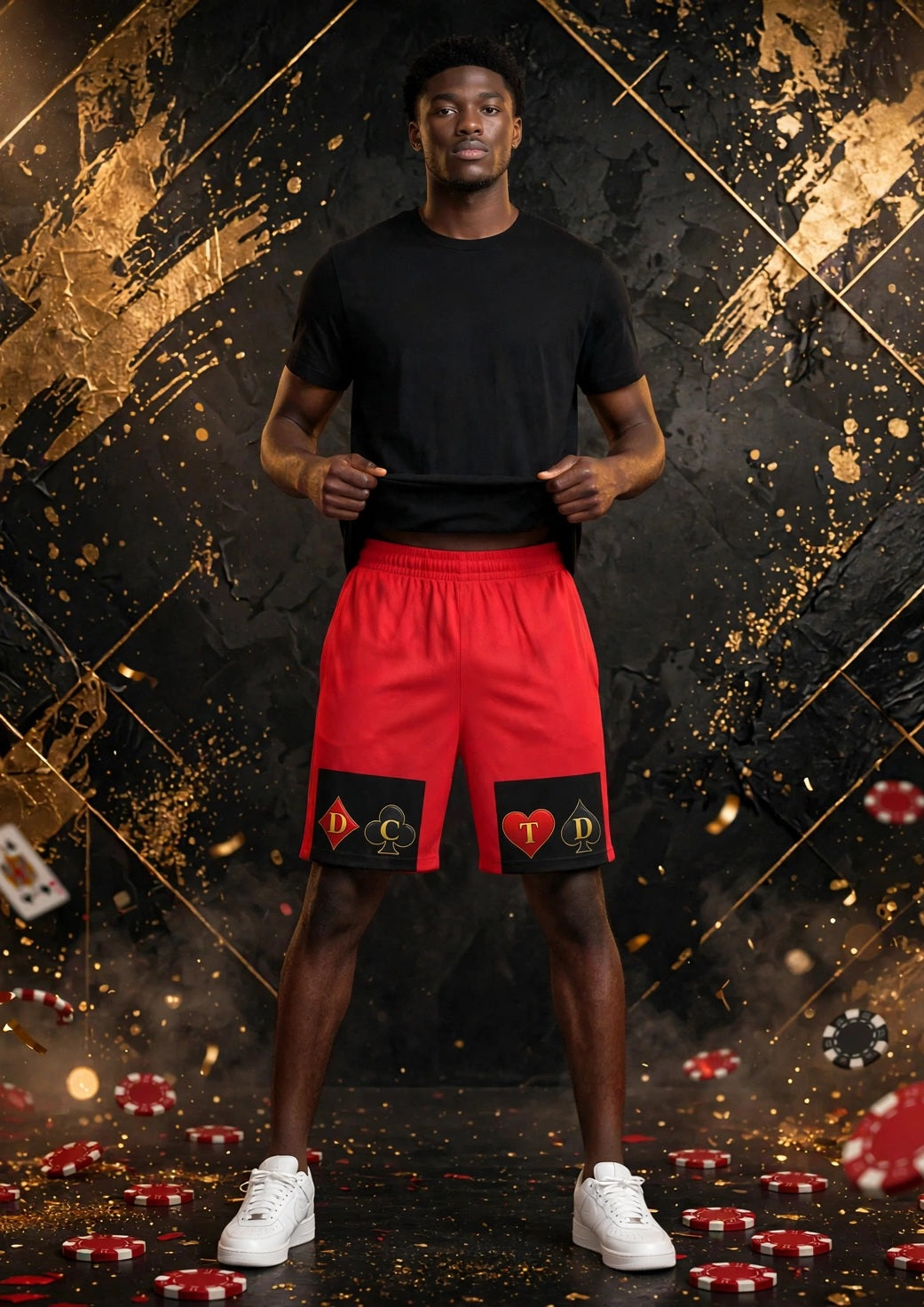 Red Basketball Shorts with DCTD Gold Card Suits Accent