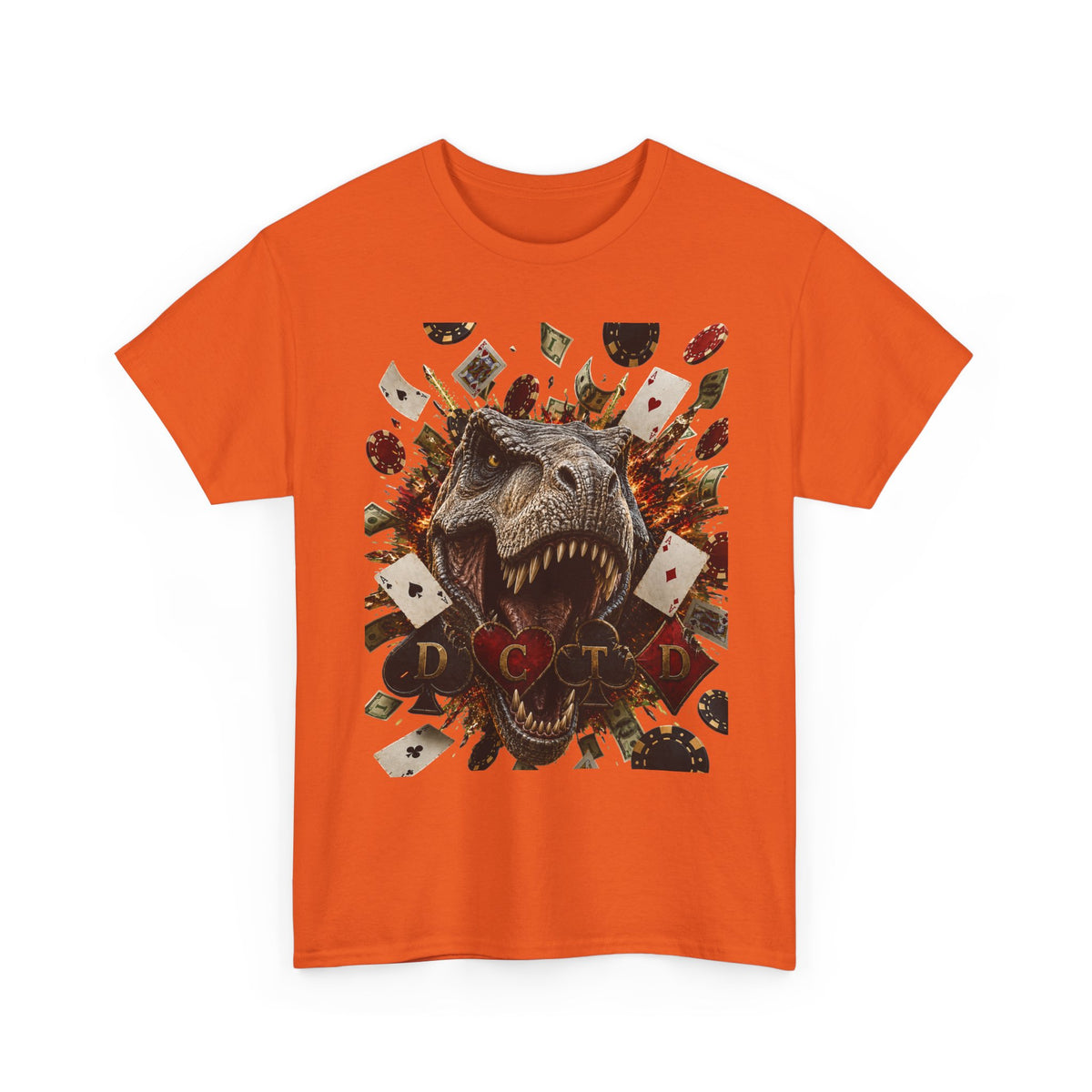 Dinosaur Poker Tee — T-Rex with Playing Cards Graphic Shirt