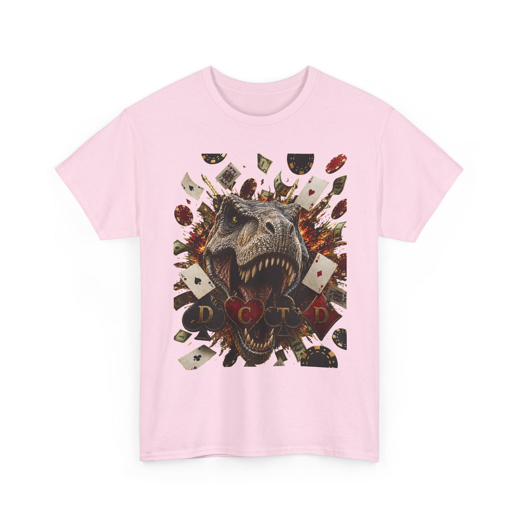 Dinosaur Poker Tee — T-Rex with Playing Cards Graphic Shirt