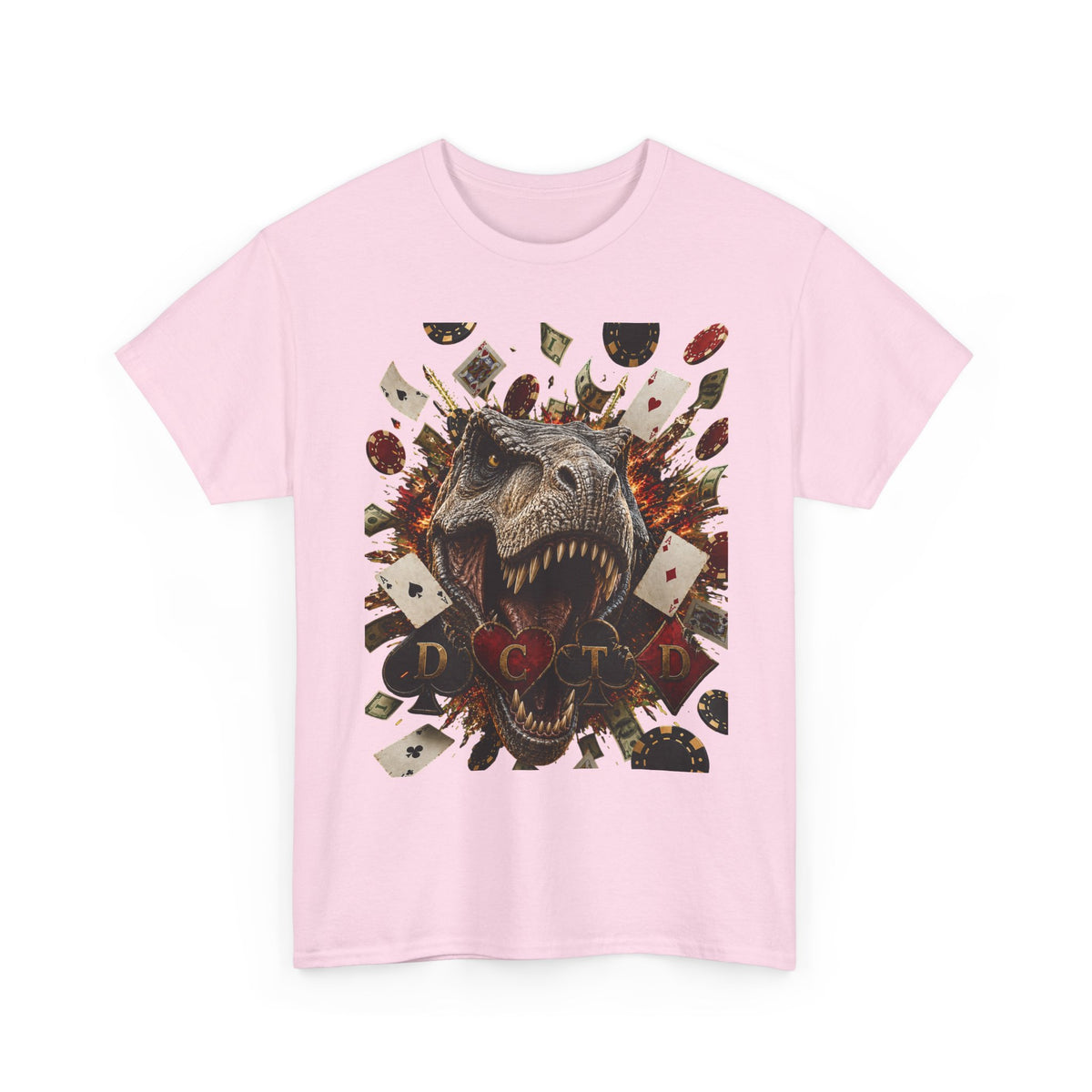 Dinosaur Poker Tee — T-Rex with Playing Cards Graphic Shirt