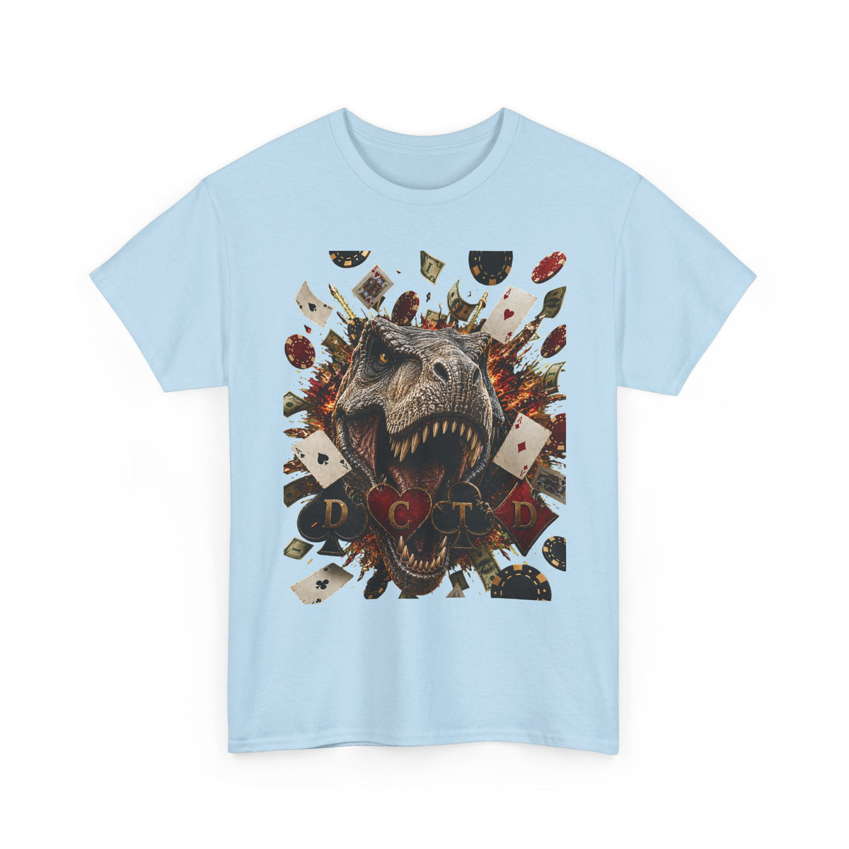 Dinosaur Poker Tee — T-Rex with Playing Cards Graphic Shirt