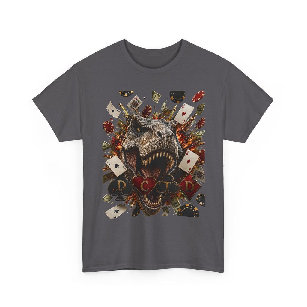 Dinosaur Poker Tee — T-Rex with Playing Cards Graphic Shirt