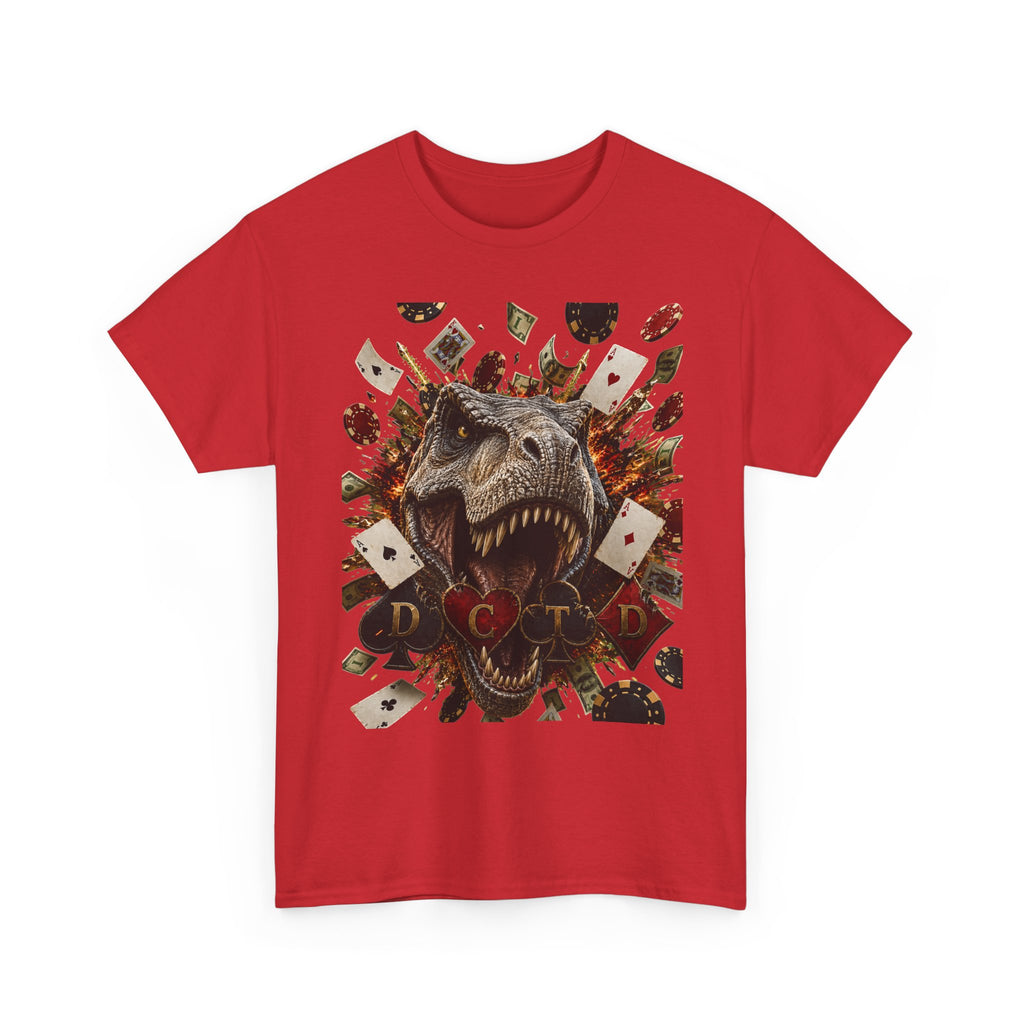 Dinosaur Poker Tee — T-Rex with Playing Cards Graphic Shirt