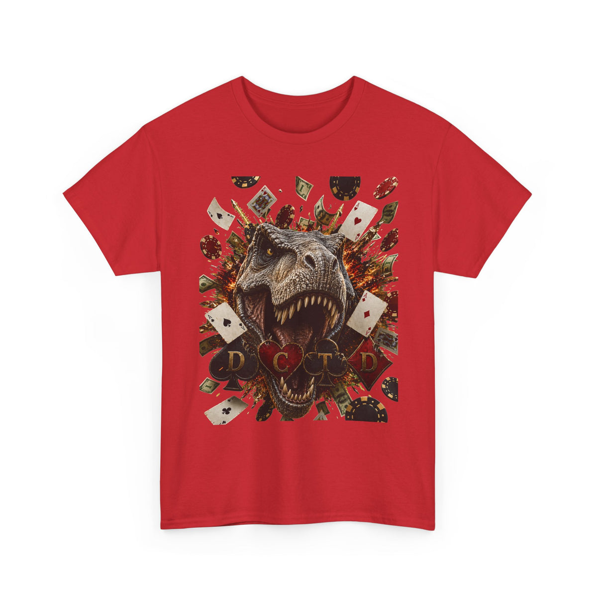 Dinosaur Poker Tee — T-Rex with Playing Cards Graphic Shirt
