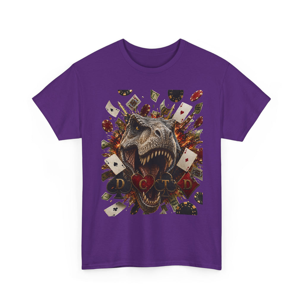 Dinosaur Poker Tee — T-Rex with Playing Cards Graphic Shirt