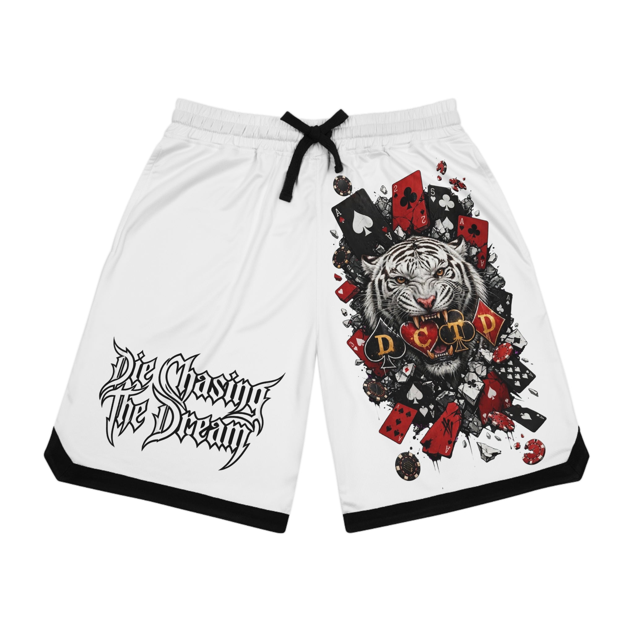 Tiger & Cards Basketball Shorts — "Die Chasing The Dream" Graphic