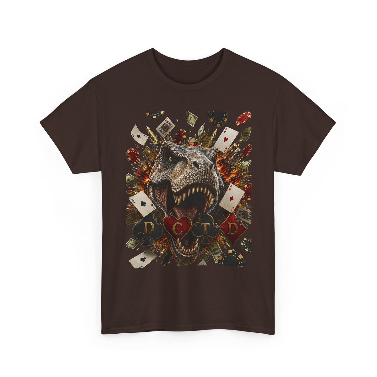 Dinosaur Poker Tee — T-Rex with Playing Cards Graphic Shirt
