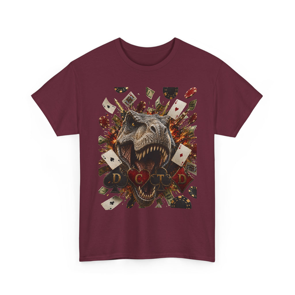 Dinosaur Poker Tee — T-Rex with Playing Cards Graphic Shirt