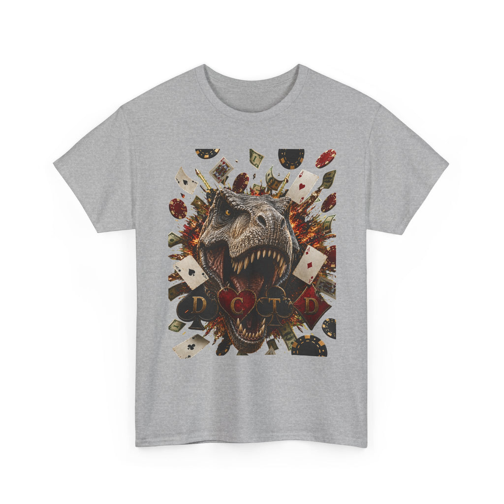 Dinosaur Poker Tee — T-Rex with Playing Cards Graphic Shirt