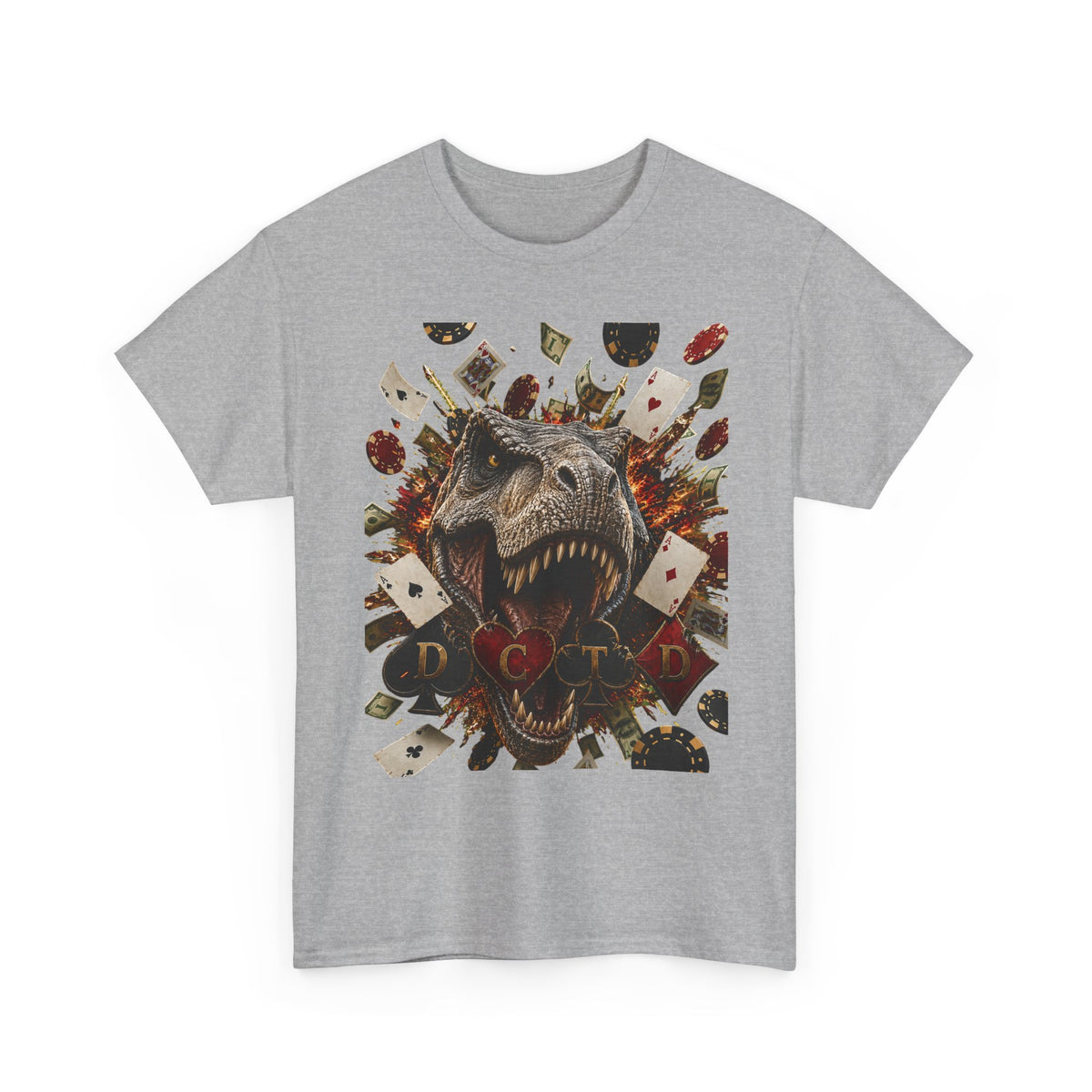 Dinosaur Poker Tee — T-Rex with Playing Cards Graphic Shirt
