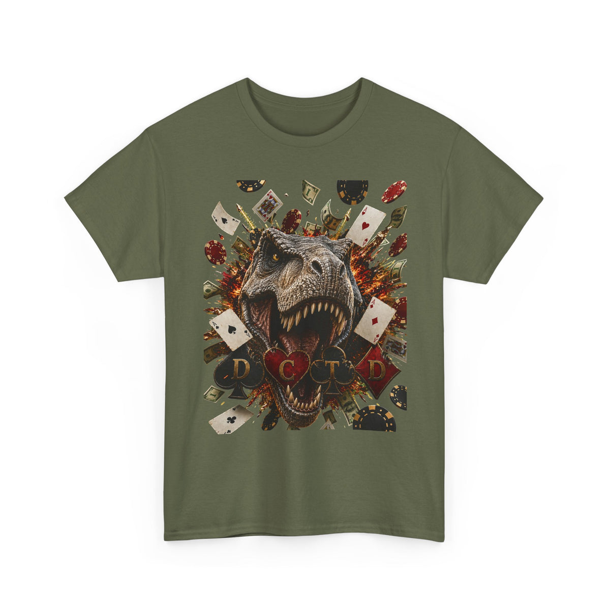 Dinosaur Poker Tee — T-Rex with Playing Cards Graphic Shirt