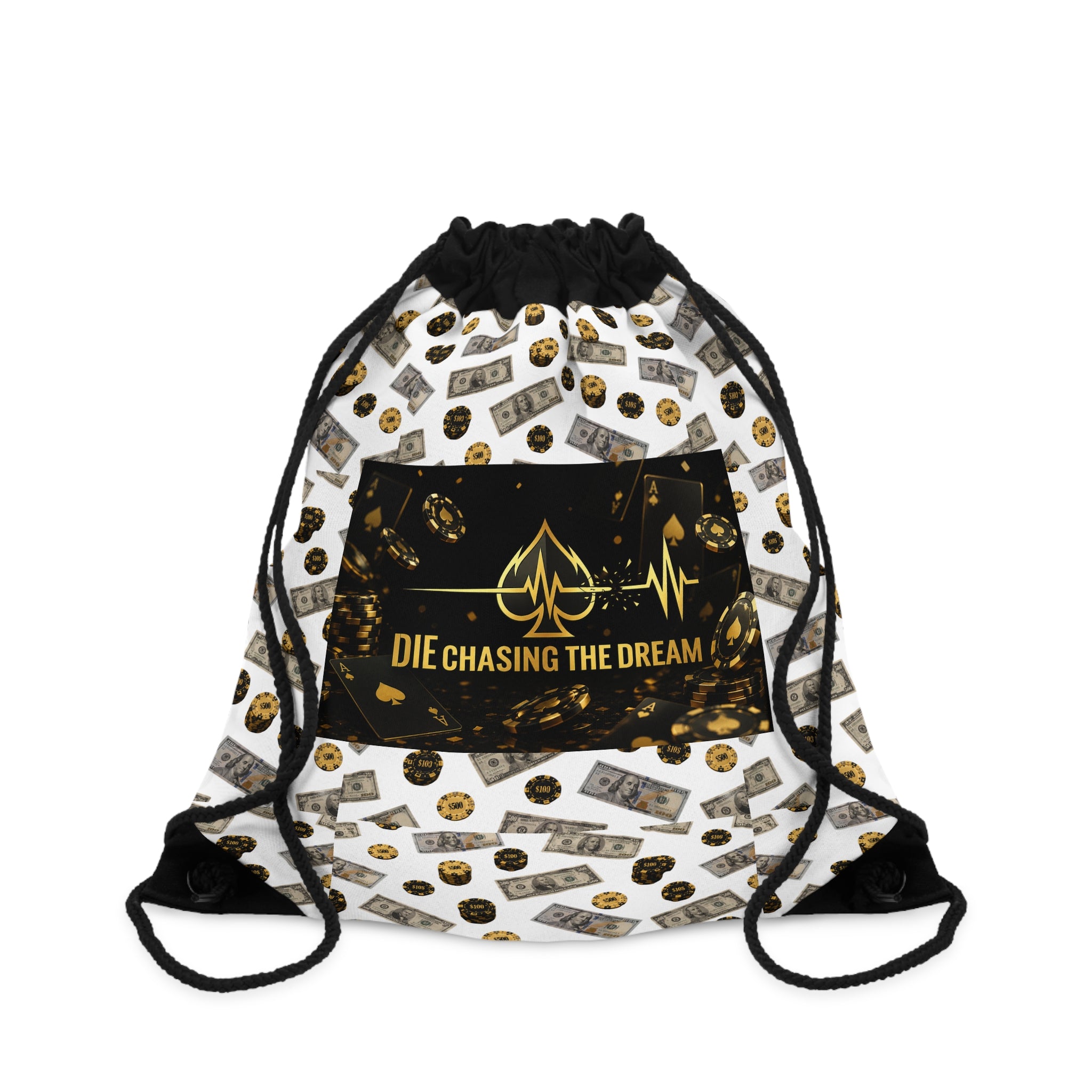 Motivational Gold Money Drawstring Bag — “Die Chasing The Dream” Graphic Gym Sack