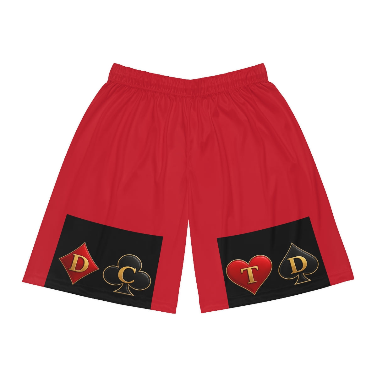 Red Basketball Shorts with DCTD Gold Card Suits Accent