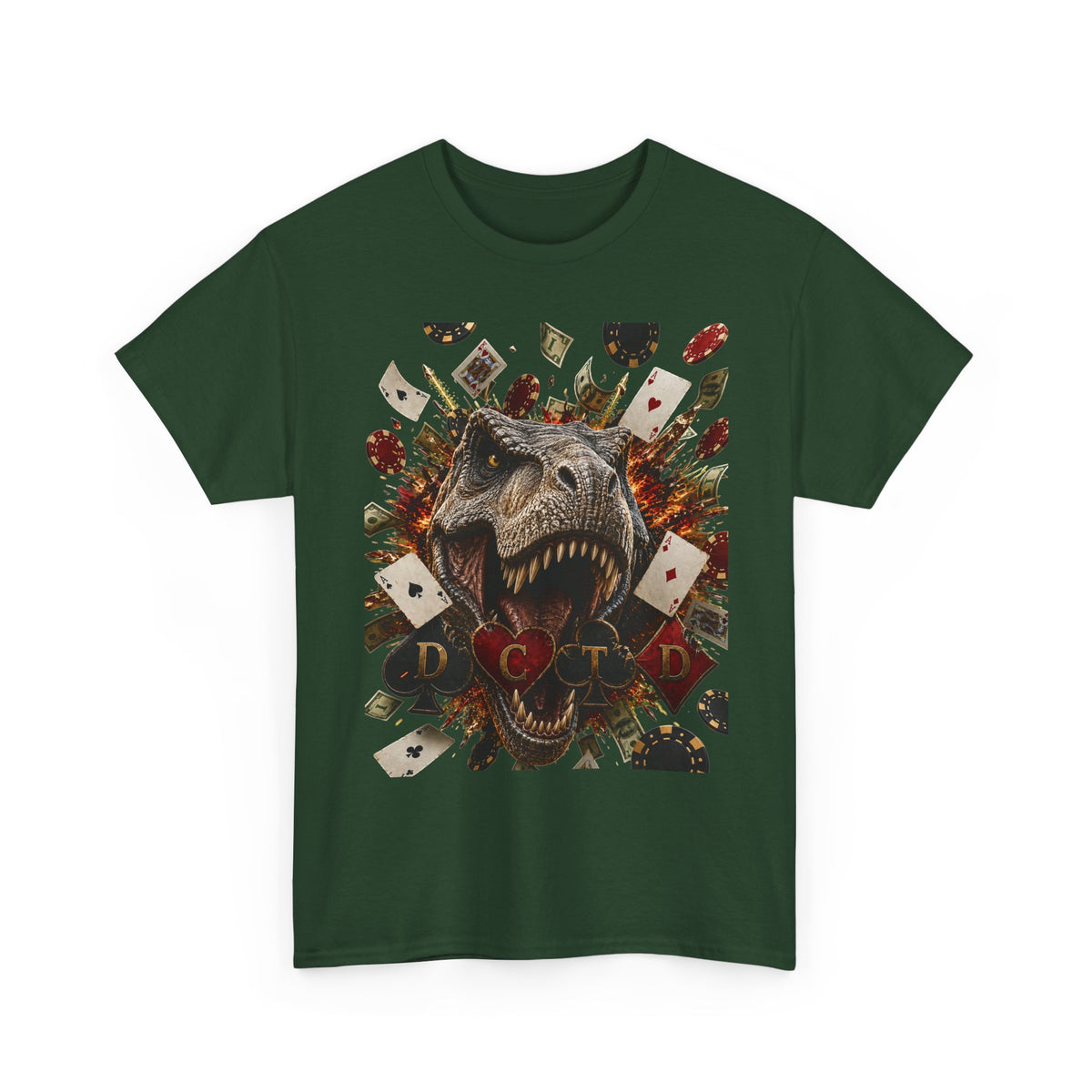 Dinosaur Poker Tee — T-Rex with Playing Cards Graphic Shirt