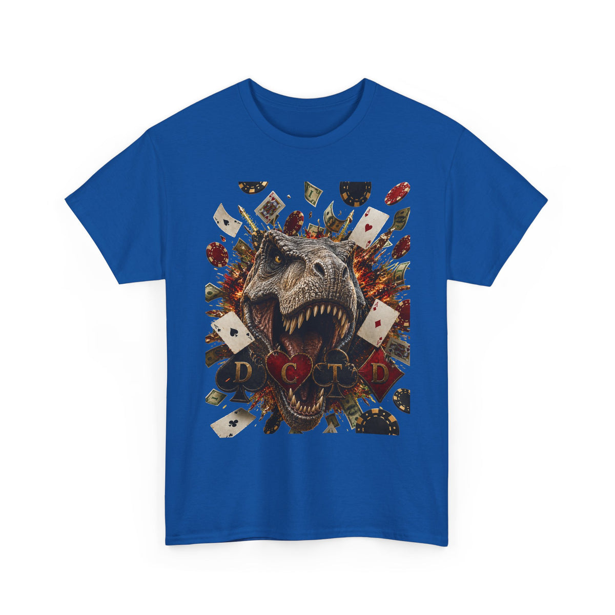Dinosaur Poker Tee — T-Rex with Playing Cards Graphic Shirt