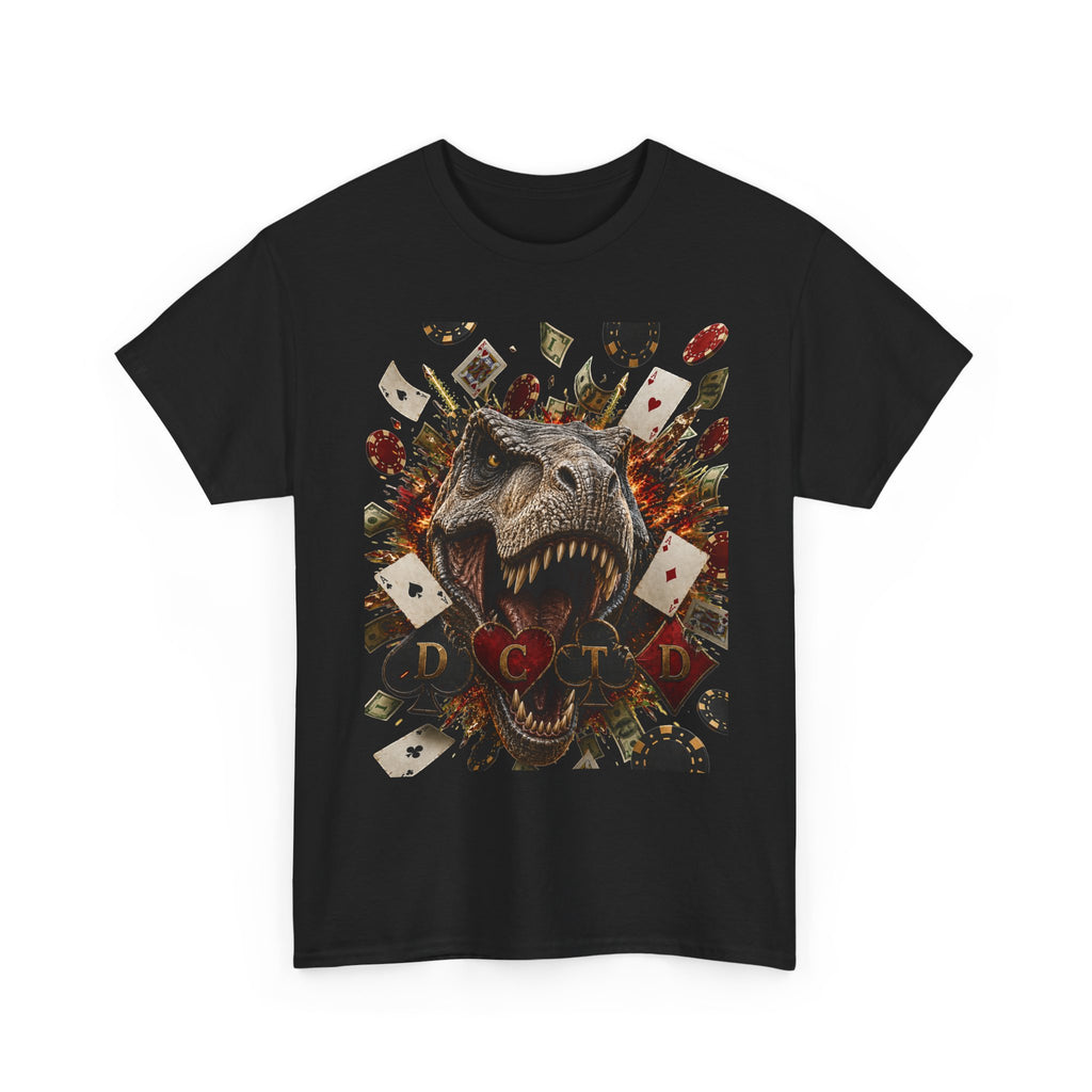 Dinosaur Poker Tee — T-Rex with Playing Cards Graphic Shirt