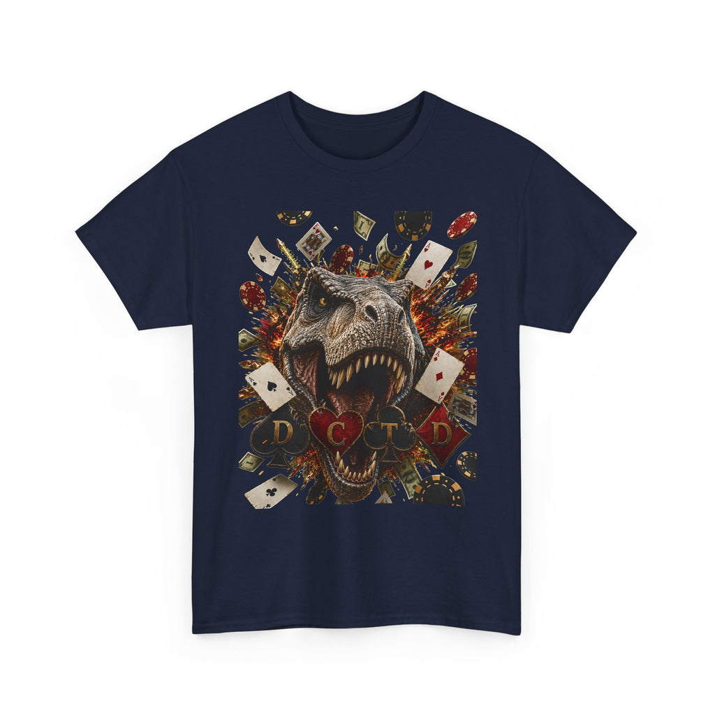 Dinosaur Poker Tee — T-Rex with Playing Cards Graphic Shirt